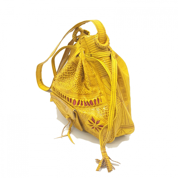 Geantă de umăr medie bucket marocană din piele, gravată manual, galbenă [2]