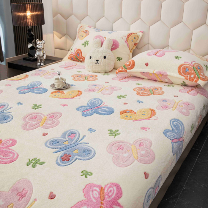 Husă de pat cu elastic, cocolino, 230x250 cm, 2 fețe de pernă, fluturi multicolori [3]