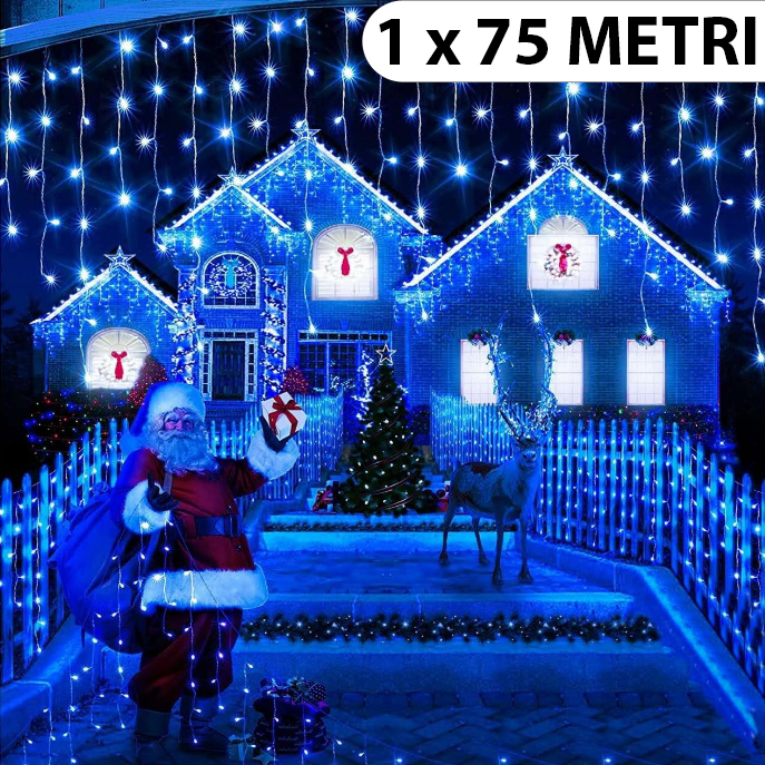 Instalație de Crăciun, franjuri cu flash, cu led tip țurțuri, fir gros, exterior, albastru, 75 metri [1]