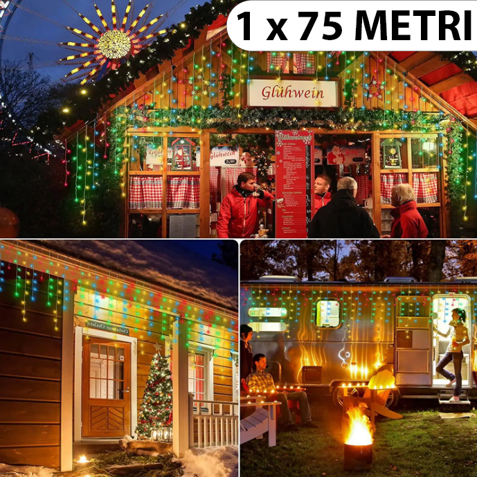 Instalație de Crăciun, franjuri cu flash, cu led tip țurțuri, fir gros, exterior, multicolor, 75 metri [1]