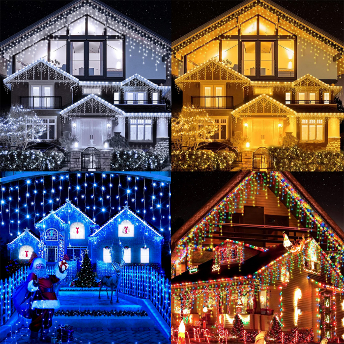 Instalație de Crăciun, franjuri cu flash, cu led tip țurțuri, fir gros, exterior, albastru, bec V8 mat, 50 metri [6]