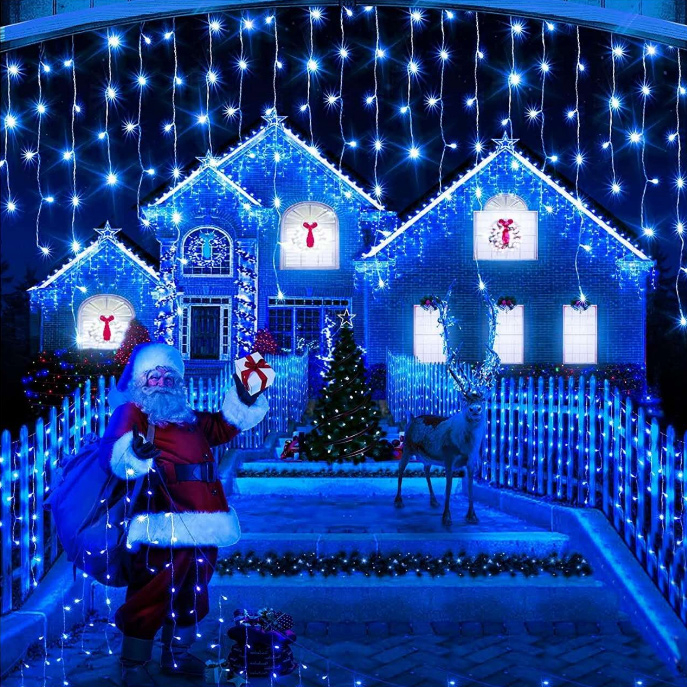 Instalație de Crăciun, franjuri cu flash, cu led tip țurțuri, fir gros, exterior, albastru, bec V8 mat, 50 metri [3]