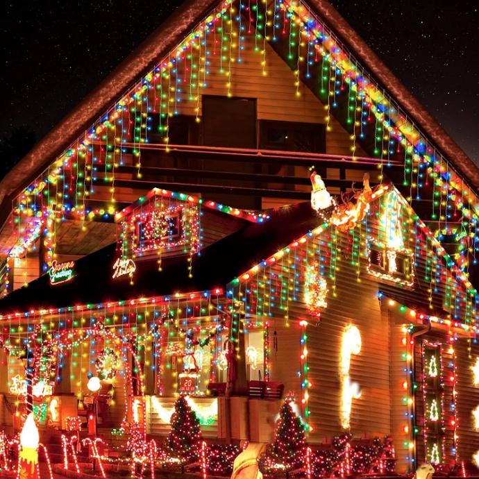Instalație de Crăciun, franjuri cu flash, cu led tip țurțuri, fir gros, exterior, multicolor, bec V8 mat, 50 metri [3]