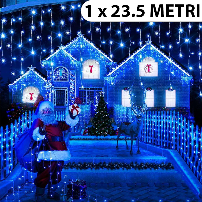 Instalație de Crăciun, franjuri cu flash, cu led tip țurțuri, fir gros, exterior, albastru, 23,5 metri [1]