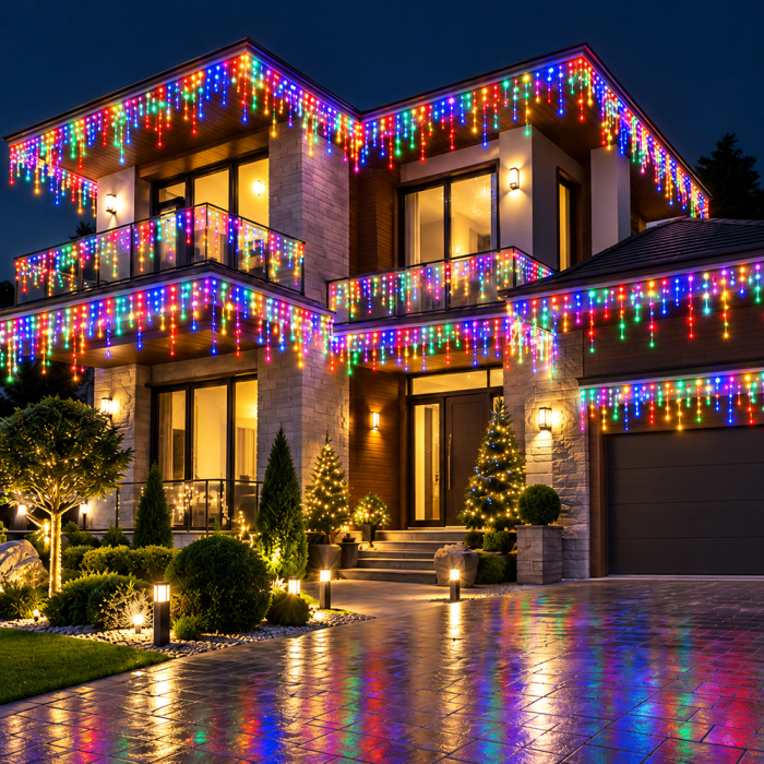 Instalație de Crăciun, 25 metri, franjuri cu led tip țurțuri, exterior, multicolor [3]