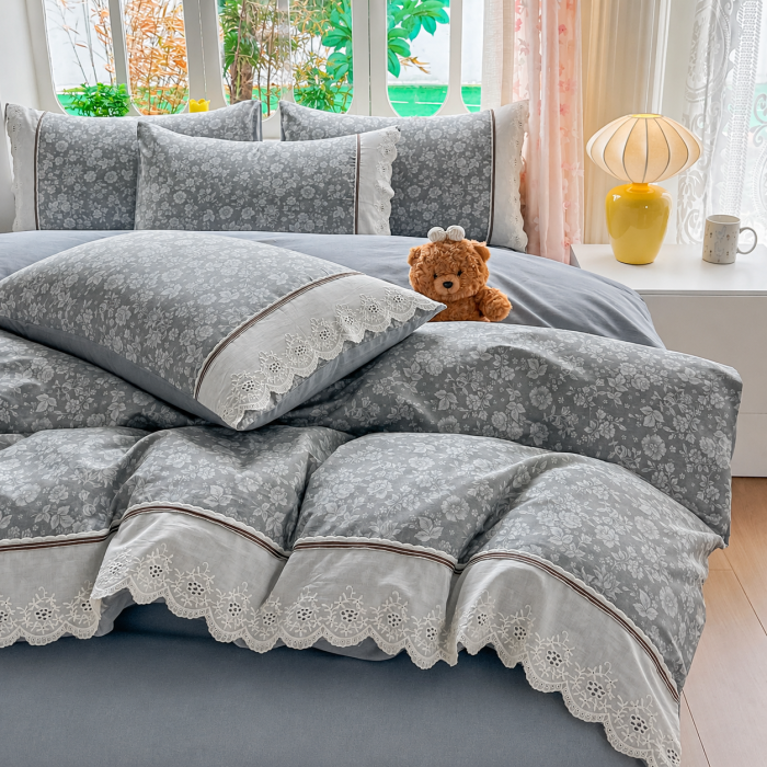 Lenjerie de pat bumbac 100%, 4 piese, model floral gri, BCP411 [2]