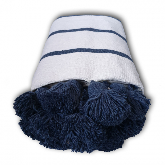 Patura Maroc 250x150 cm bumbac alba cu dungi albastre tesuta manual [2]