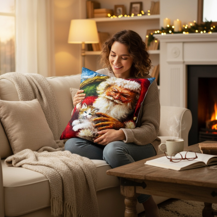 Pernă decorativă de Crăciun 40x40 cm cu Moș Crăciun și pisicuță PPC06 [2]