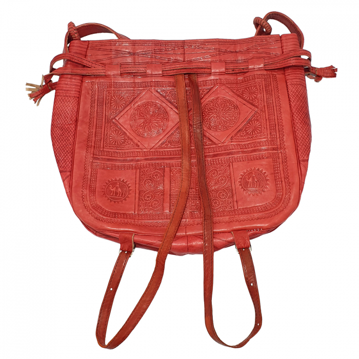 Rucsac bucket marocan din piele naturală, gravat manual, roșu [5]