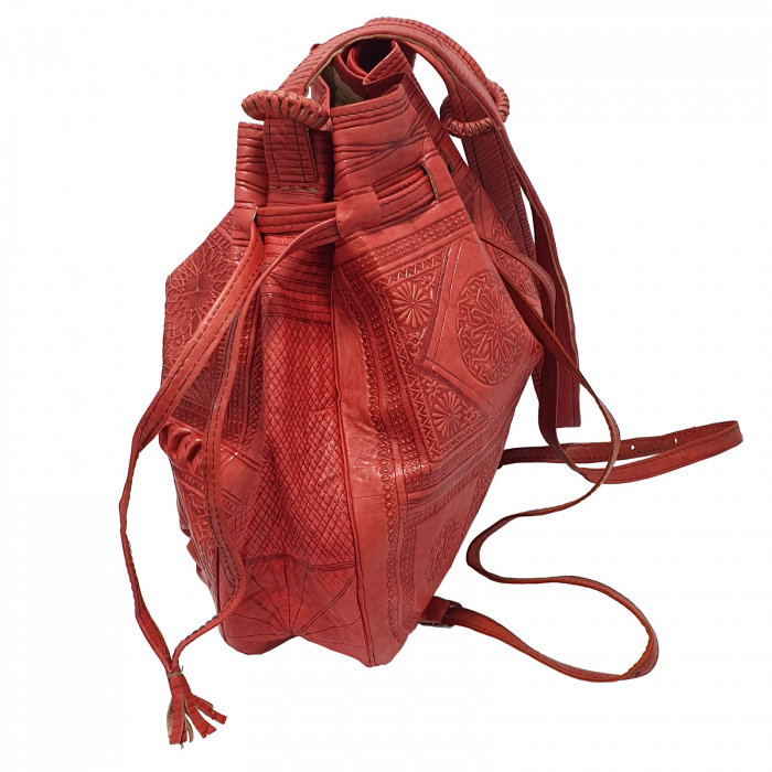 Rucsac bucket marocan din piele naturală, gravat manual, roșu [2]