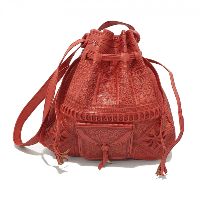 Rucsac bucket marocan din piele naturală, gravat manual, roșu [3]