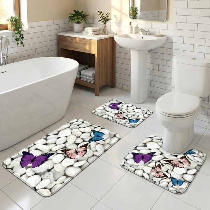 Set covoare baie antiderapante, 3 piese, model fluturi decorativi [2]