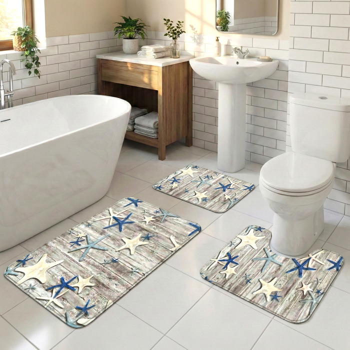 Set covoare baie antiderapante, 3 piese, model marin cu stele de mare [2]