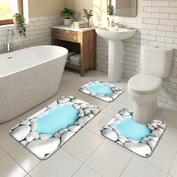 Set covoare baie antiderapante, 3 piese, design pietre decorative [2]