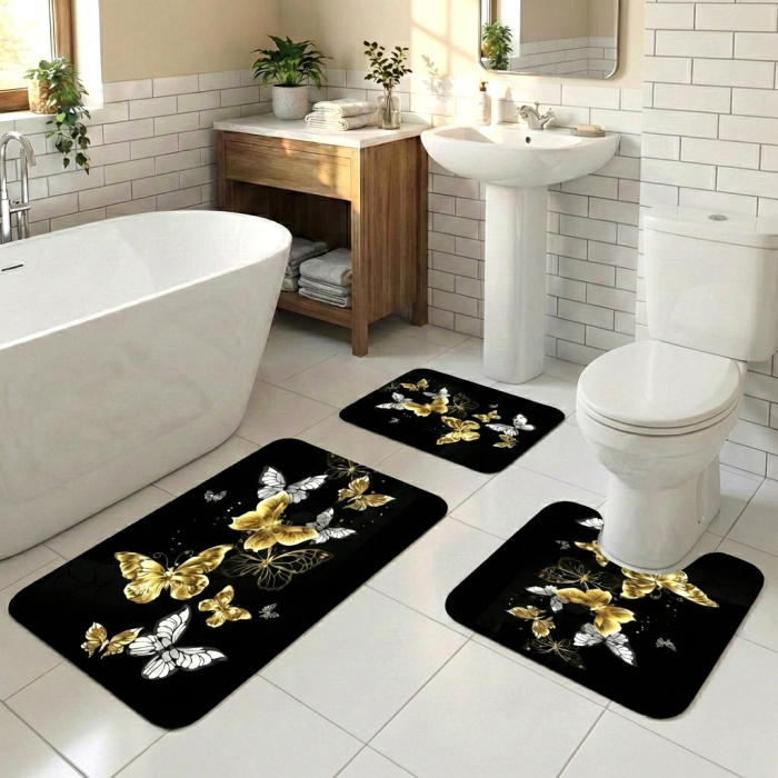 Set covoare baie antiderapante, 3 piese, model fluturi eleganți [2]
