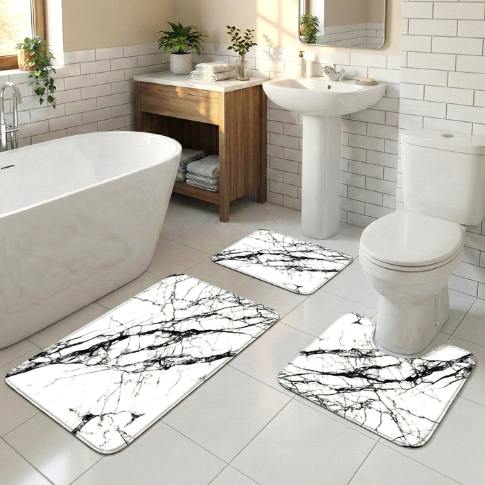 Set covoare baie antiderapante, 3 piese, design marmură albă [2]