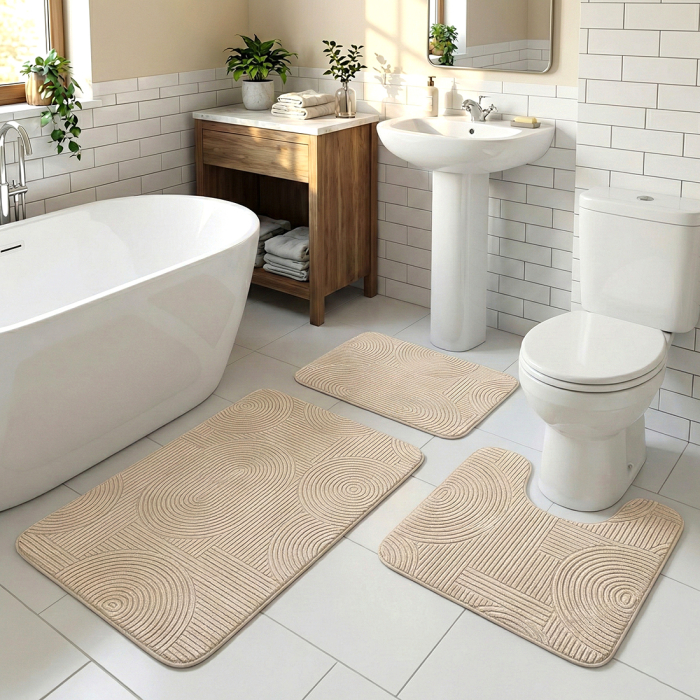 Set covoare baie antiderapante, 3 piese, bej, textură soft cu acolade [2]