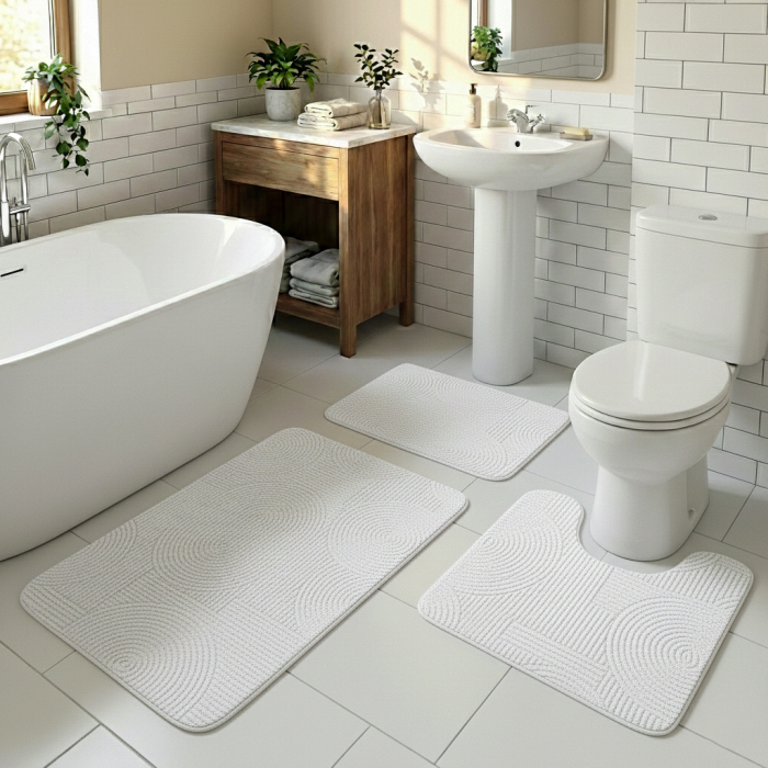 Set covoare baie antiderapante, 3 piese, design minimalist cu acolade [2]