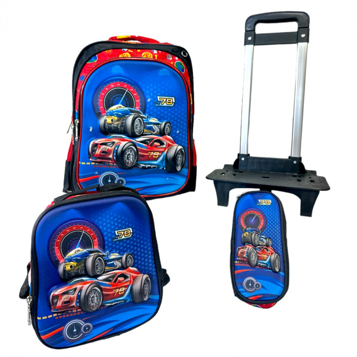 Set 3 piese Ghiozdan pentru școală cu troler detașabil, cu borsetă și penar, 41 x 30 x 23 cm, 3 compartimente, GS72 [3]