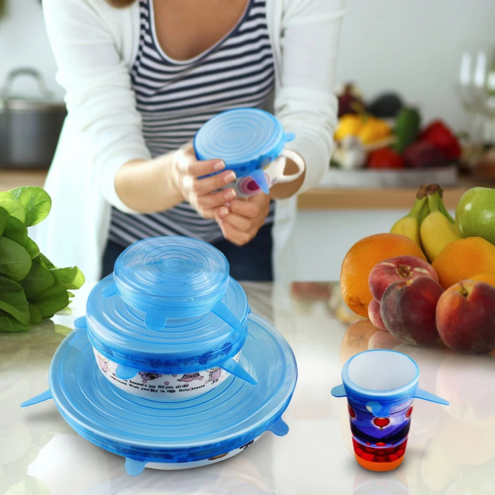 Set 6 capace flexibile din silicon, reutilizabile, albastru transparent [3]