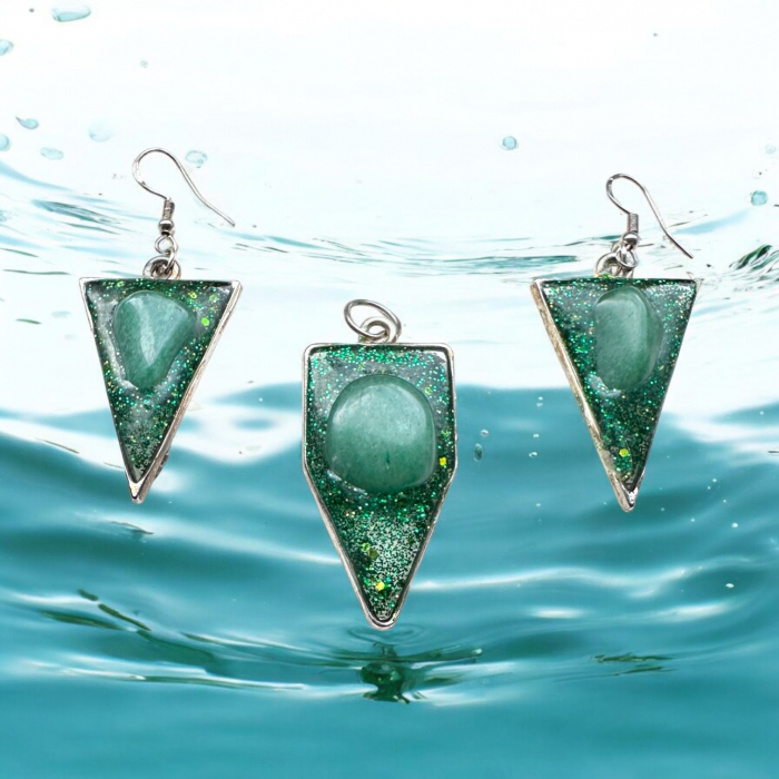 Set cercei și pandantiv cu cristal verde de Aventurin lucrate manual BM01 [3]