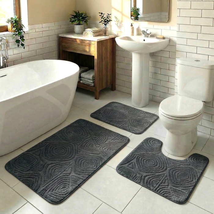 Set covoare baie antiderapante, 3 piese, antracit, textură soft triunghi [2]