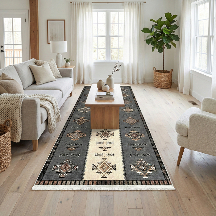 Traversă hol antiderapantă, 400 cm, model etnic, gri cu bej [3]