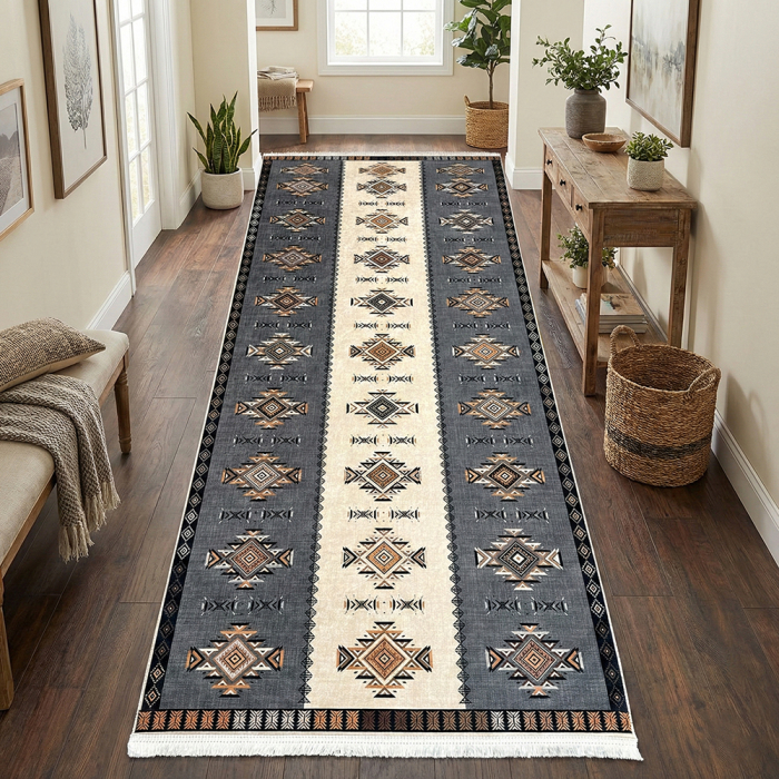 Traversă hol antiderapantă, 400 cm, model etnic, gri cu bej [2]