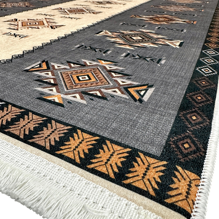 Traversă hol antiderapantă, 400 cm, model etnic, gri cu bej [4]