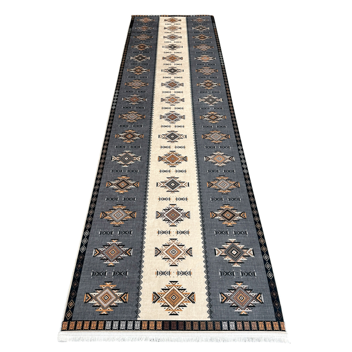 Traversă hol antiderapantă, 400 cm, model etnic, gri cu bej [7]