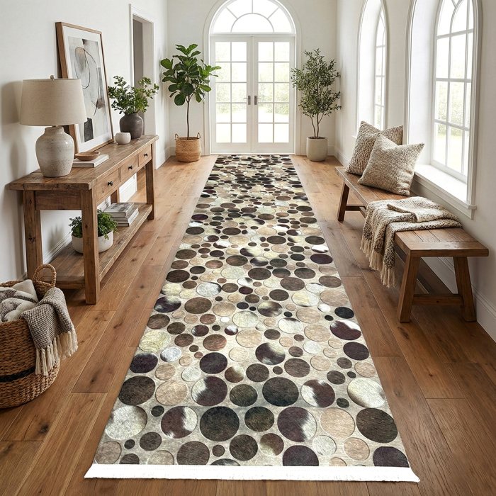 Traversă hol antiderapantă, 400 cm, model cu cercuri, bej-maro [8]
