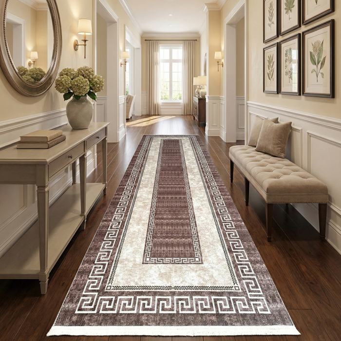 Traversă hol antiderapantă, 400 cm, model clasic geometric, bej-maro [2]