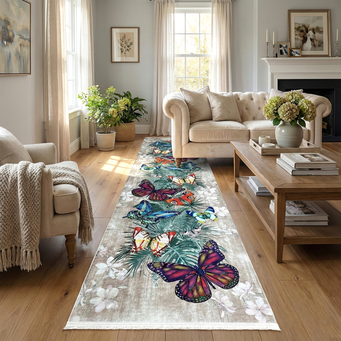 Traversă hol antiderapantă, 400 cm, model floral cu fluturi, multicolor [2]