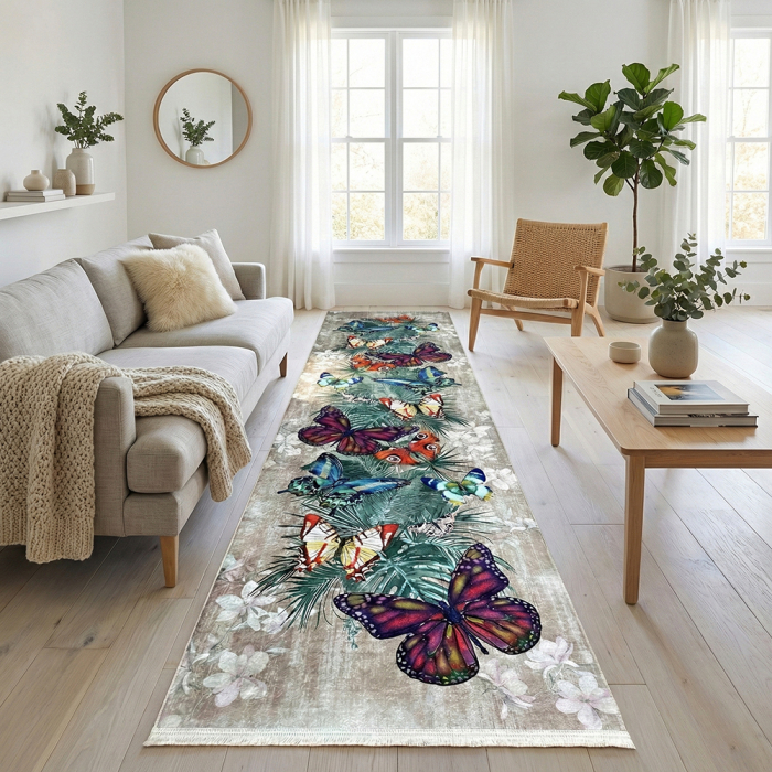 Traversă hol antiderapantă, 400 cm, model floral cu fluturi, multicolor [3]