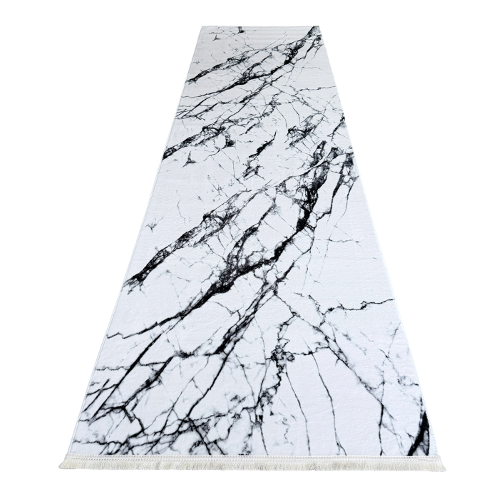 Traversă hol antiderapantă, 400 cm, model marmură, alb cu negru [4]