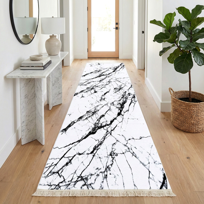 Traversă hol antiderapantă, 400 cm, model marmură, alb cu negru [2]