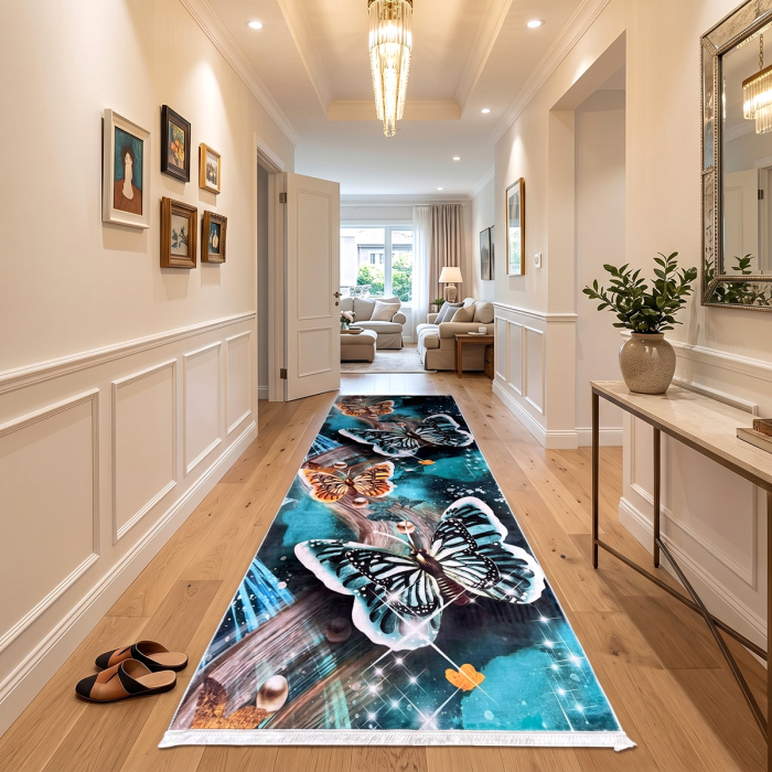 Traversă hol antiderapantă, 80x300 cm, model fluturi turcoaz, 80x300 cm, TRV2212 [2]