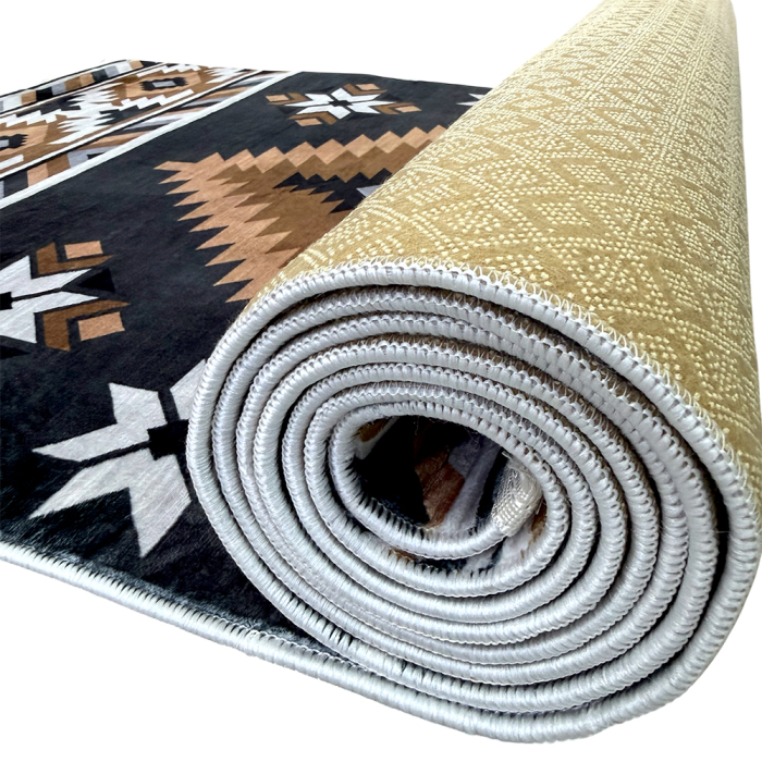 Traversă hol antiderapantă, 80x300 cm, negru-maroniu, model etnic geometric [7]