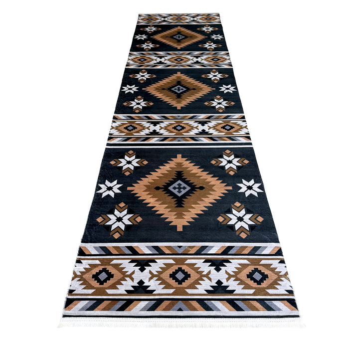 Traversă hol antiderapantă, 80x300 cm, negru-maroniu, model etnic geometric [3]