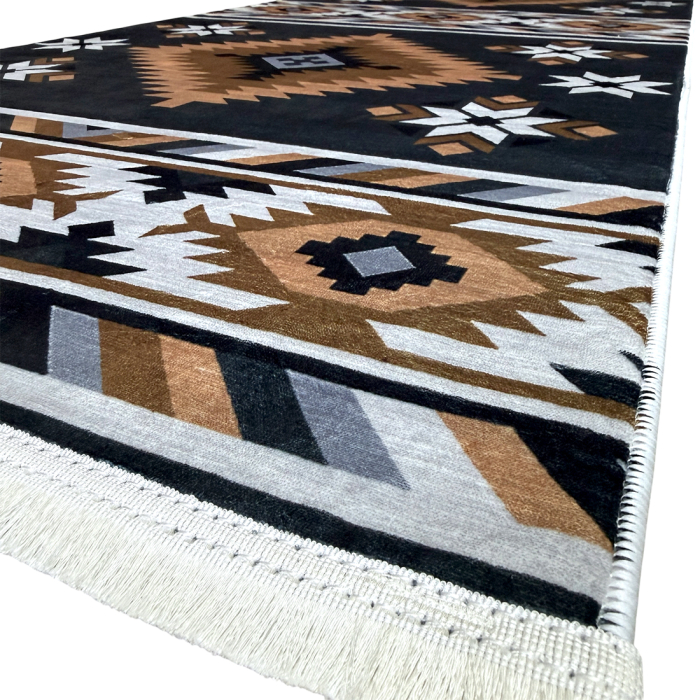 Traversă hol antiderapantă, 80x300 cm, negru-maroniu, model etnic geometric [4]