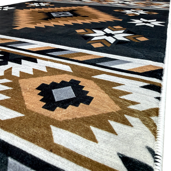 Traversă hol antiderapantă, 80x300 cm, negru-maroniu, model etnic geometric [5]