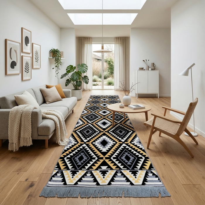 Traversă hol țesută tradițional, 80x300 cm, 2 fețe, Model Boho Etnic Ocru [3]