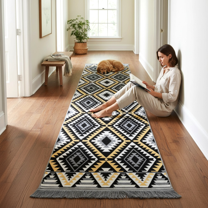 Traversă hol țesută tradițional, 80x300 cm, 2 fețe, Model Boho Etnic Ocru [2]