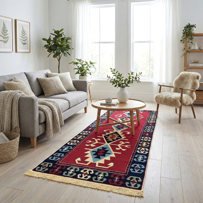 Traversă hol țesută tradițional, 80x300 cm, 2 fețe, kilim, roșu [2]