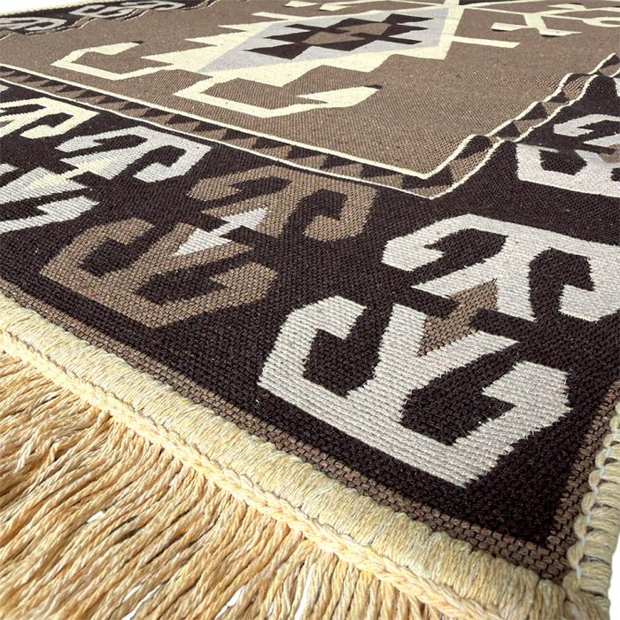 Traversă hol țesută tradițional, 80x300 cm, 2 fețe, romburi kilim, maro cu bej [6]