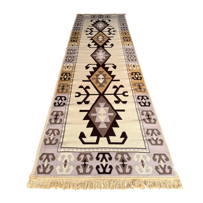 Traversă hol țesută tradițional, 80x300 cm, 2 fețe, romburi kilim, maro cu bej [5]