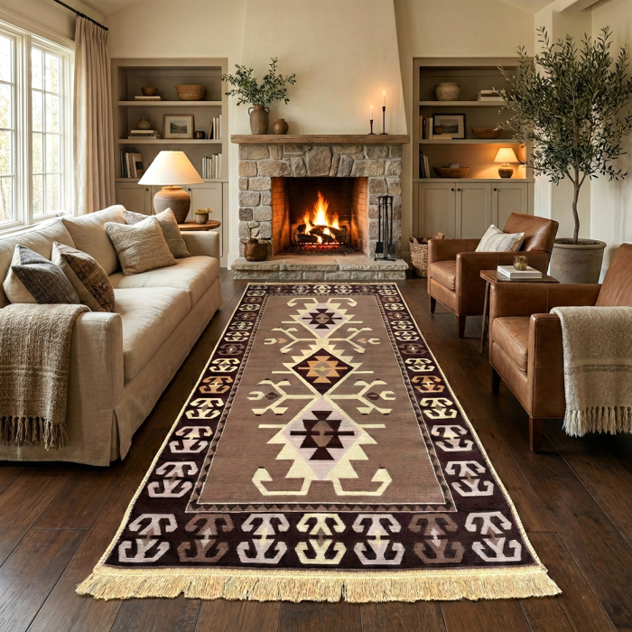 Traversă hol țesută tradițional, 80x300 cm, 2 fețe, romburi kilim, maro cu bej [2]