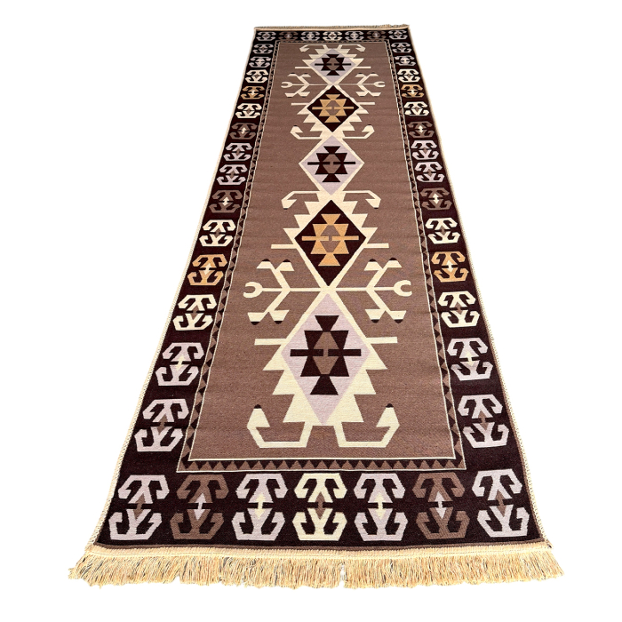 Traversă hol țesută tradițional, 80x300 cm, 2 fețe, romburi kilim, maro cu bej [3]