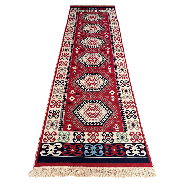 Traversă hol țesută tradițional, 80x300 cm, 2 fețe, mozaic rustic, roșu [3]