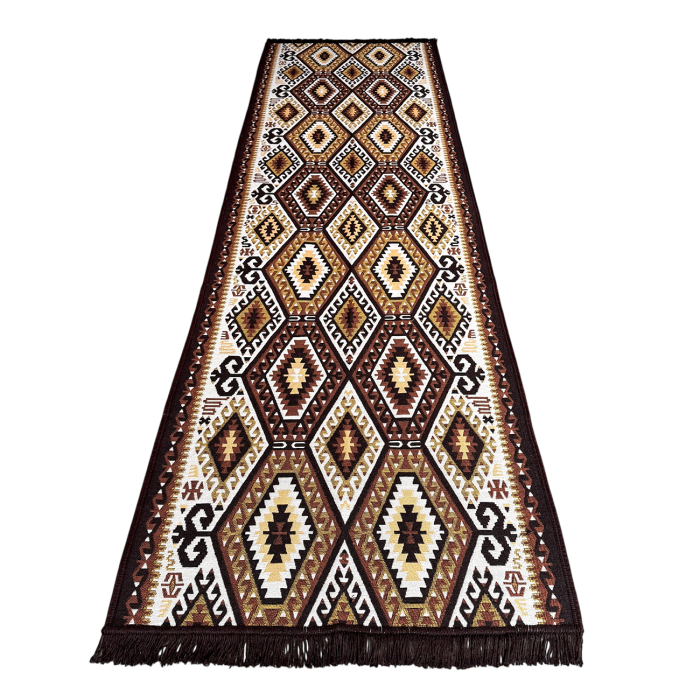 Traversă hol țesută tradițional, 80x300 cm, 2 fețe, geometric, maro cu bej [3]